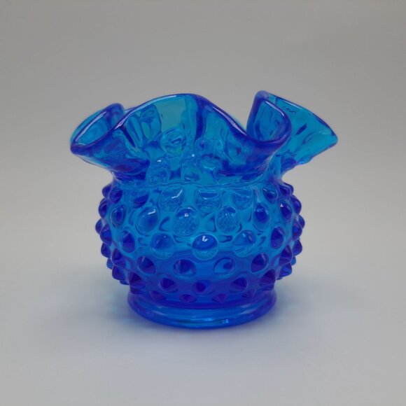 Fenton Colonial Blue Hobnail 3" Double Crimped Rim Glass Flower Vase - Picture 5 of 8